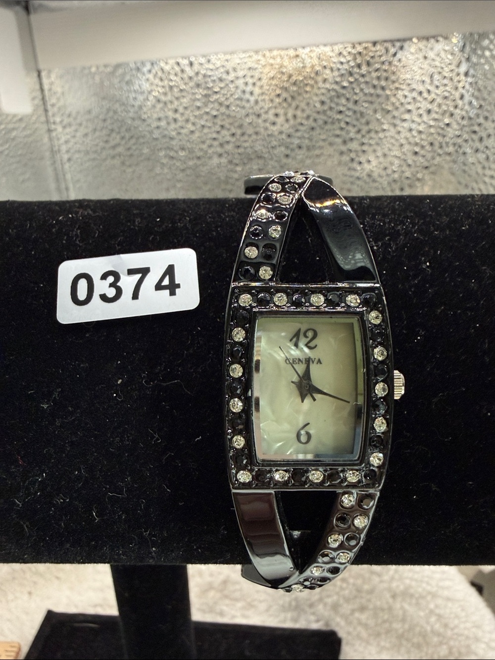 Geneva Black Crystal-Accent Bangle Watch with Mother-of-Pearl Dial